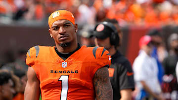 Cincinnati Bengals Ja'Marr Chase looks at the scoreboard as his team is defeated by the New England Patriots 16-10 at Paycor Stadium Sunday, September 8, 2024. The Bengals lost 16-10.