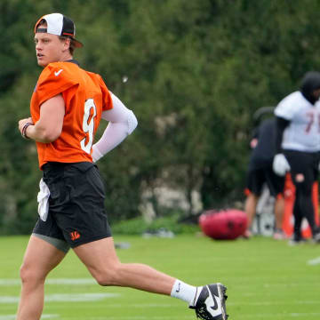 Cincinnati Bengals quarterback Joe Burrow returned to the practice field during an off-season workout at the practice fields outside of Paycor Stadium Tuesday, May 7, 2024. Burrow is recovering from wrist surgery after a season-ending injury he suffered in a Week 11.