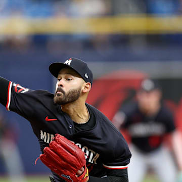 Minnesota Twins pitcher Pablo Lopez (49) throws a pitch against the Tampa Bay Rays in the fifth inning at Tropicana Field in St. Petersburg, Fla., on Sept. 5, 2024.