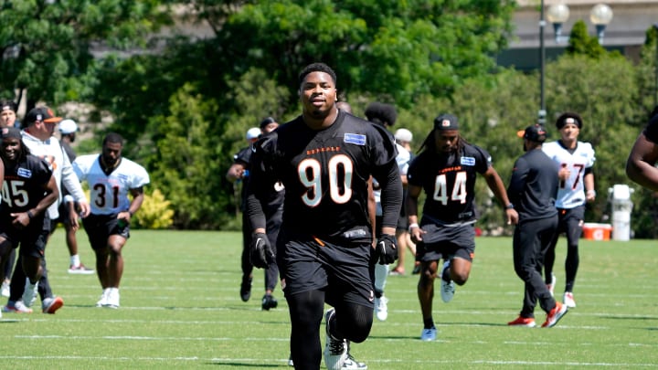 Bengals rookie defensive tackle Kris Jenkins Jr. warms up during OTAs Tuesday, May 28, 2024 at the Kettering Health Practice Fields outside of Paycor Stadium.
