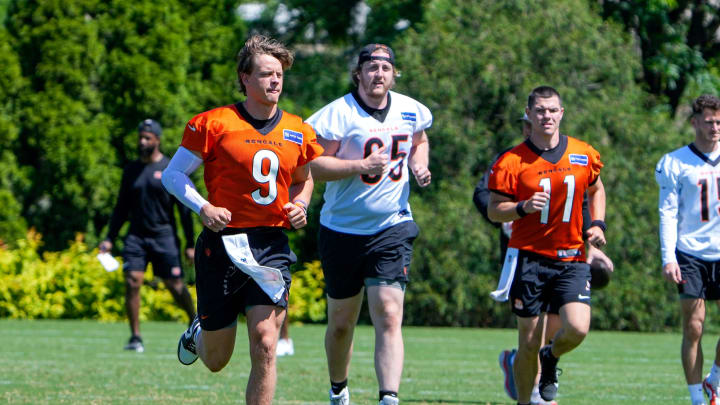 Bengals quarterback Joe Burrow warms-up during OTAs Tuesday, May 28, 2024 at the Kettering Health Practice Fields outside of Paycor Stadium.