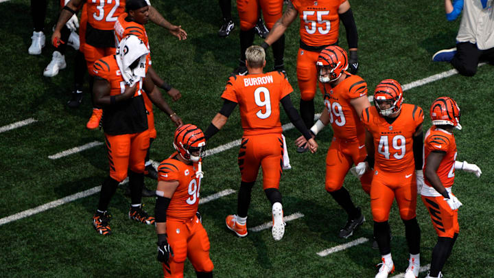 Cincinnati Bengals quarterback Joe Burrow takes the field the Bengals home opener against the New England Patriots at Paycor Stadium Sunday, September 8, 2024.