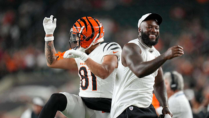 Cincinnati Bengals wide receiver Jermaine Burton (81) celebrates his touchdown with Cincinnati Bengals linebacker Germaine Pratt (57) in the fourth quarter of the NFL preseason game against the Indianapolis Colts at Paycor Stadium in Cincinnati on Thursday, Aug. 22, 2024.