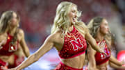 The Scarlets Dance Team entertains the Memorial Stadium crowd during Nebraska's home contest with Akron.