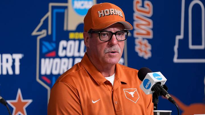Texas coach Mike White speaks during a press conference for the Women's College World Series at Devon Park in Oklahoma City, Tuesday, June 2, 2026.