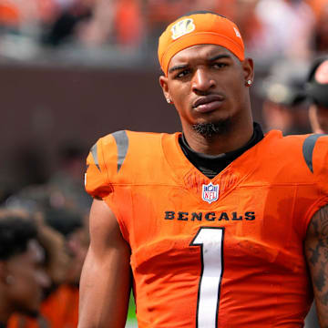 Cincinnati Bengals Ja'Marr Chase looks at the scoreboard as his team is defeated by the New England Patriots 16-10 at Paycor Stadium Sunday, September 8, 2024. The Bengals lost 16-10.