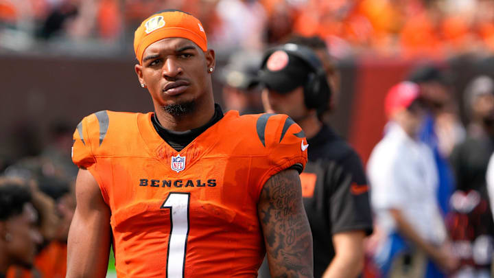 Cincinnati Bengals Ja'Marr Chase looks at the scoreboard as his team is defeated by the New England Patriots 16-10 at Paycor Stadium Sunday, September 8, 2024. The Bengals lost 16-10.