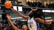 Mar 28, 2025; Birmingham, AL, USA; Duke Blue Devils forward Jadyn Donovan (4) blocks a shot by North Carolina Tar Heels guard Indya Nivar (24) at Legacy Arena in the Sweet 16. Duke advanced to the Elite 8 with a 47-38 victory. Mandatory Credit: Gary Cosby Jr.-Tuscaloosa News