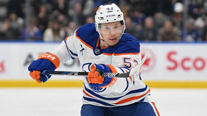 Nov 16, 2024; Toronto, Ontario, CAN;  Edmonton Oilers forward Jeff Skinner (53) pursues the play against the Toronto Maple Leafs in the second period at Scotiabank Arena. Mandatory Credit: Dan Hamilton-Imagn Images