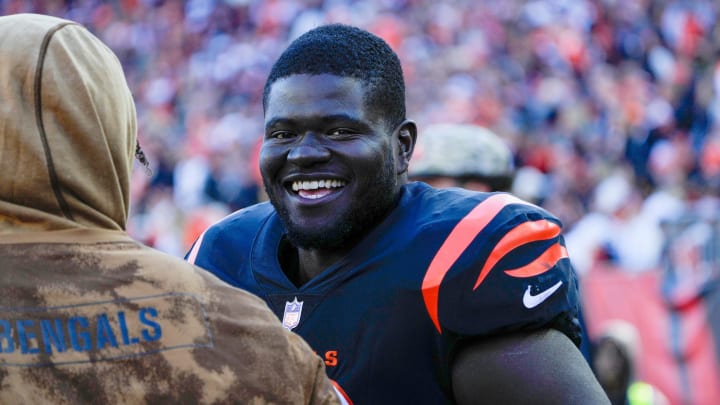 Cincinnati Bengals offensive tackle D'Ante Smith (70) during a break against the Houston Texans at Paycor Stadium Sunday, November 12, 2023.