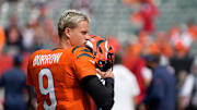 Cincinnati Bengals quarterback Joe Burrow (9) takes the field for the Bengals home opener against the New England Patriots at Paycor Stadium Sunday, September 8, 2024.