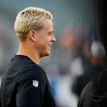 Cincinnati Bengals quarterback Joe Burrow stands on the sidelines before the preseason game between the Cincinnati Bengals and the Indianapolis Colts at Paycor Stadium in Cincinnati on Thursday, Aug. 22, 2024.