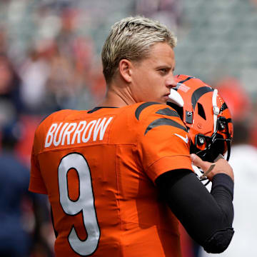 Cincinnati Bengals quarterback Joe Burrow (9) takes the field for the Bengals home opener against the New England Patriots at Paycor Stadium Sunday, September 8, 2024.