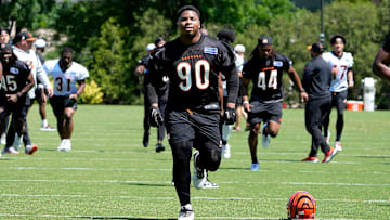 Bengals rookie defensive tackle Kris Jenkins Jr. warms up during OTAs Tuesday, May 28, 2024 at the Kettering Health Practice Fields outside of Paycor Stadium.