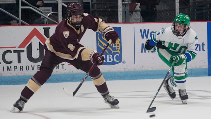 Edgewood's Bennett Cagle (left) battles for the puck during the first period of the WIAA Division 1 state boys hockey championship game on Saturday March 8, 2025 at the Bob Suter's Legacy20 Arena in Middleton, Wis. Edgewood's Bennett Cagle (left) battles for the puck during the first period of the WIAA Division 1 state boys hockey championship game on Saturday March 8, 2025 at the Bob Suter's Legacy20 Arena in Middleton, Wis.