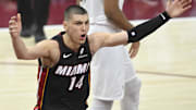 Apr 23, 2025; Cleveland, Ohio, USA; Miami Heat guard Tyler Herro (14) reacts in the third quarter of game two of the first round of the 2025 NBA Playoffs against the Cleveland Cavaliers at Rocket Arena. Mandatory Credit: David Richard-Imagn Images