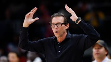 Atlanta Hawks head coach Quin Snyder reacts against the Detroit Pistons.