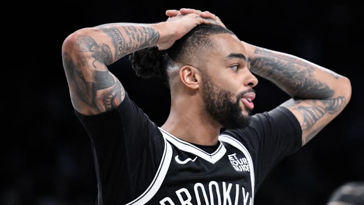 Mar 15, 2025; Brooklyn, New York, USA; Brooklyn Nets guard D'Angelo Russell (1) reacts during the second half against the Boston Celtics at Barclays Center. Mandatory Credit: John Jones-Imagn Images