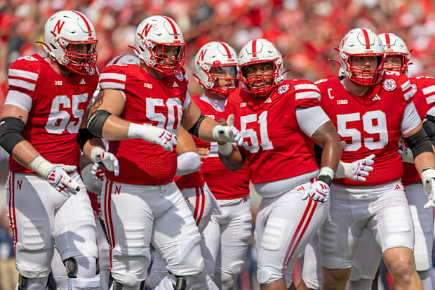 Nebraska offensive linemen Teddy Prochazka 65, Rocco Spindler 50, Justin Evans 51, Hentry Lutovsky 59  vs Michigan 2025