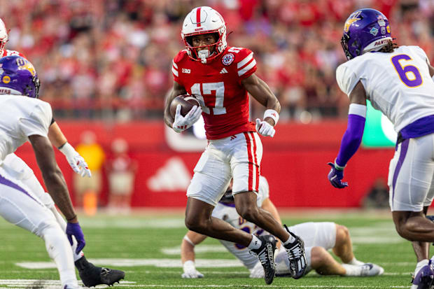 Nebraska wide receiver Jacory Barney Jr. gains four yards on a short pass from quarterback Dylan Raiola against Northern Iowa