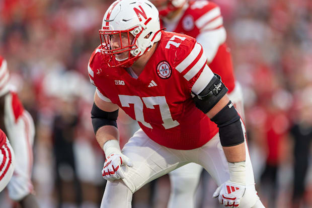 Nebraska offensive tackle Gunnar Gottula lines up for a play against Akron on Sept. 6, 2025.