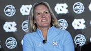 Oct 9, 2024; Charlotte, NC, USA;  North Carolina head coach Courtney Banghart during ACC Media Days at The Hilton Charlotte Uptown. Mandatory Credit: Jim Dedmon-Imagn Images