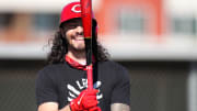 Cincinnati Reds second baseman Jonathan India (6) smiles during live batting practice during spring training workouts, Friday, Feb. 16, 2024, at the team   s spring training facility in Goodyear, Ariz.