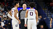 Gonzaga senior guards Nolan Hickman (11) and Ryan Nembhard (0).