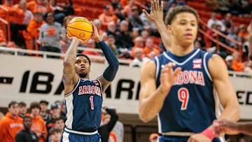 Jan 21, 2025; Stillwater, Oklahoma, USA; Arizona Wildcats guard Caleb Love (1) shoots during the second half against the Oklahoma State Cowboys at Gallagher-Iba Arena. Mandatory Credit: William Purnell-Imagn Images