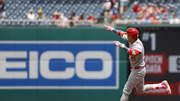 St. Louis Cardinals outfielder Lars Nootbaar (21) celebrates while rounding the bases after hitting a solo home run against the Washington Nationals during the first inning at Nationals Park on May 11.