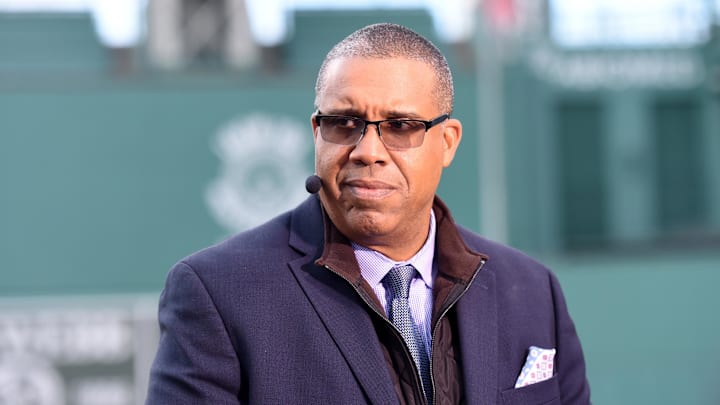 Oct 5, 2021; Boston, Massachusetts, USA;  Former major league player Eduardo Perez speaks to his ESPN colleagues prior to a wild card game between the Boston Red Sox and New York Yankees  at TD Garden. Mandatory Credit: Bob DeChiara-Imagn Images