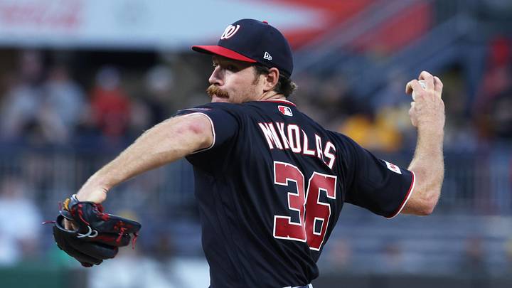 Apr 14, 2026; Pittsburgh, Pennsylvania, USA;  Washington Nationals pitcher Miles Mikolas (36) pitches against the Pittsburgh Pirates during the second inning at PNC Park. Mandatory Credit: Charles LeClaire-Imagn Images