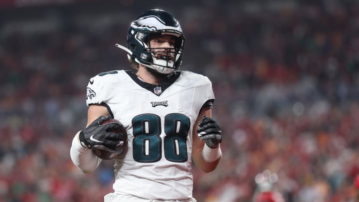 Jan 15, 2024; Tampa, Florida, USA; Philadelphia Eagles tight end Dallas Goedert (88) scores a touchdown against the Tampa Bay Buccaneers after a reception during the first half of a 2024 NFC wild card game at Raymond James Stadium. 