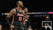 Houston Cougars forward J'Wan Roberts celebrates in the second half against the Duke Blue Devils.