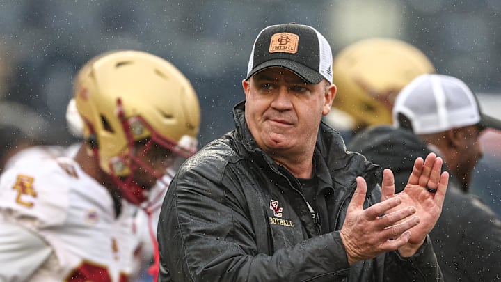 Dec 28, 2024; Bronx, NY, USA; Boston College Eagles head coach Bill O'Brien on the field before the game against the Nebraska Cornhuskers at Yankee Stadium. Dec 28, 2024; Bronx, NY, USA; Boston College Eagles head coach Bill O'Brien on the field before the game against the Nebraska Cornhuskers at Yankee Stadium.