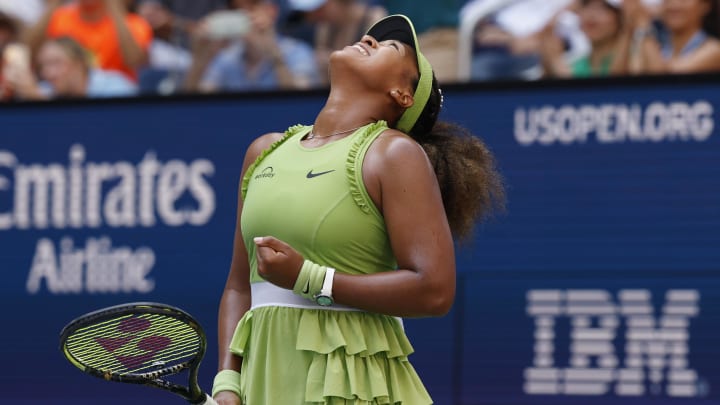 Aug 27, 2024; Flushing, NY, USA; Naomi Osaka (JPN) celebrates after match point against Jelena Ostapenko (LAT)(not pictured) in a women's singles match on day two of the 2024 U.S. Open tennis tournament at USTA Billie Jean King National Tennis Center. 