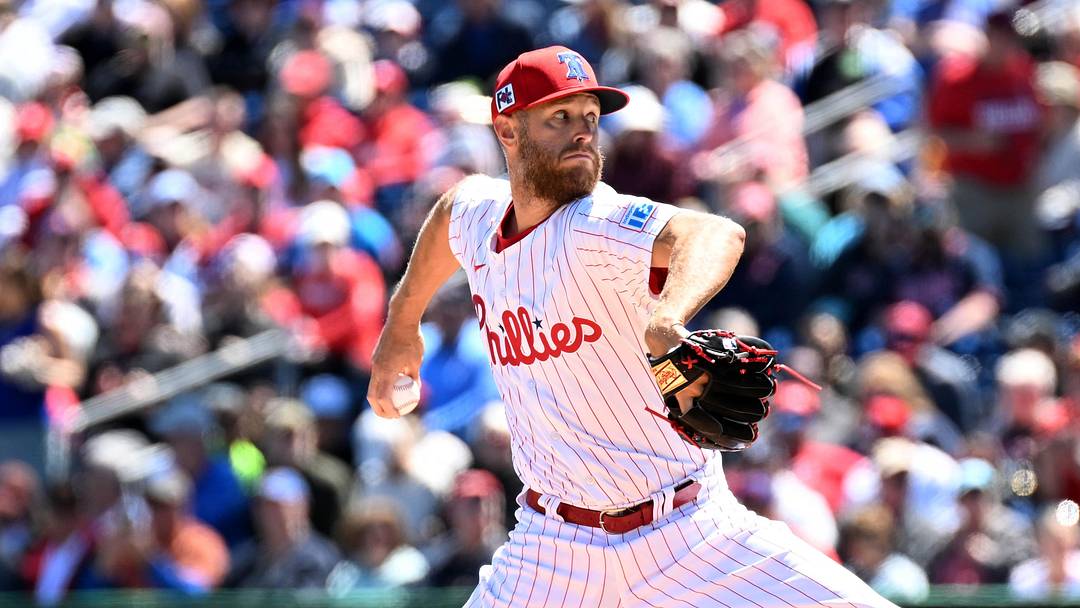 Mar 21, 2025; Clearwater, Florida, USA; Philadelphia Phillies starting pitcher Zach Wheeler (45) throws a pitch in the first inning against the Minnesota Twins during spring training  at BayCare Ballpark. Mandatory Credit: Jonathan Dyer-Imagn Images