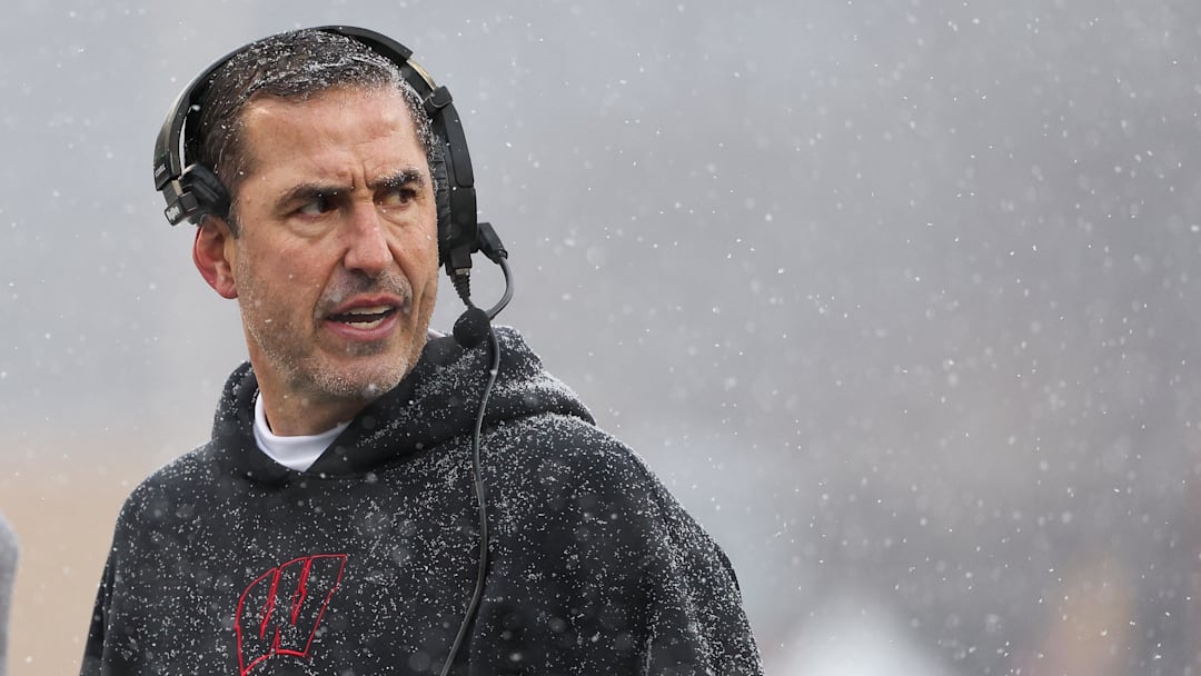 Nov 29, 2025; Minneapolis, Minnesota, USA; Wisconsin Badgers head coach Luke Fickell looks on during the first half against the Minnesota Golden Gophers at Huntington Bank Stadium. Mandatory Credit: Matt Krohn-Imagn Images