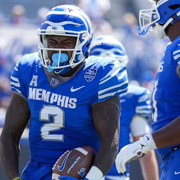 Memphis' Mario Anderson (2) reacts after making a first down during the game between Troy University and the University of Memphis at Simmons Bank Liberty Stadium in Memphis, Tenn., on Saturday, September 7, 2024.