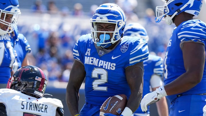 Memphis' Mario Anderson (2) reacts after making a first down during the game between Troy University and the University of Memphis at Simmons Bank Liberty Stadium in Memphis, Tenn., on Saturday, September 7, 2024.