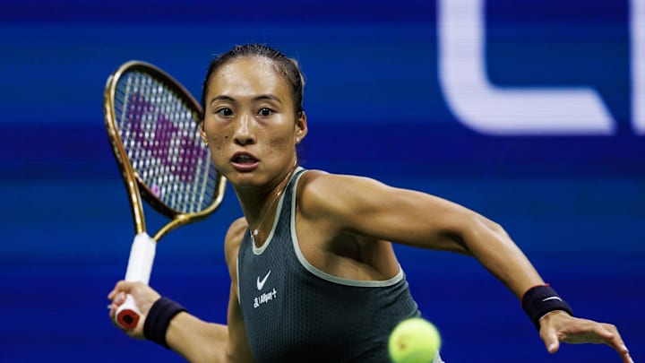 Qinwen Zheng of China plays against Aryna Sabalenka of Belarus at the U.S. Open on Sept. 3, 2024.