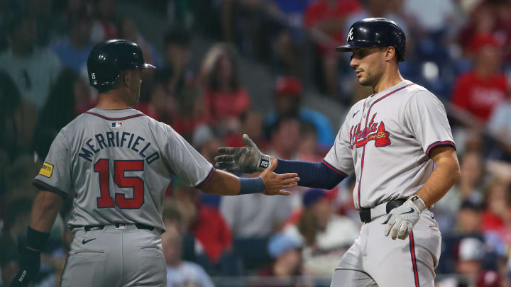 Aug 29, 2024; Philadelphia, Pennsylvania, USA; Atlanta Braves first base Matt Olson (28) celebrates with outfielder Whit Merrifield (15) after hitting a two RBI home run during the third inning against the Philadelphia Phillies at Citizens Bank Park. Mandatory Credit: Bill Streicher-USA TODAY Sports