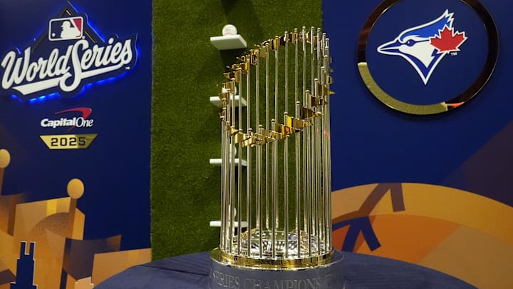 Oct 25, 2025; Toronto, Ontario, CAN; The Commissioner's Trophy before game two of the 2025 MLB World Series between the Toronto Blue Jays and the Los Angeles Dodgers at Rogers Centre. Mandatory Credit: John E. Sokolowski-Imagn Images