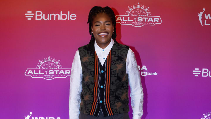 Jul 18, 2024; Phoenix, AZ, USA; New York Liberty player  Jonquel Jones walks the red carpet during the WNBA All Star weekend at the Phoenix Convention Center. Mandatory Credit: Mark J. Rebilas-USA TODAY Sports