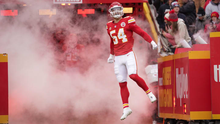 Dec 25, 2023; Kansas City, Missouri, USA; Kansas City Chiefs linebacker Leo Chenal (54) is introduced against the Las Vegas Raiders prior to a game at GEHA Field at Arrowhead Stadium. Mandatory Credit: Denny Medley-USA TODAY Sports