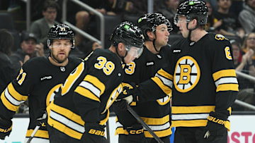 Sep 21, 2025; Boston, Massachusetts, USA; the Boston Bruins celebrate a goal by center Morgan Geekie (39) during the first period against the Washington Capitals at TD Garden. Mandatory Credit: Bob DeChiara-Imagn Images