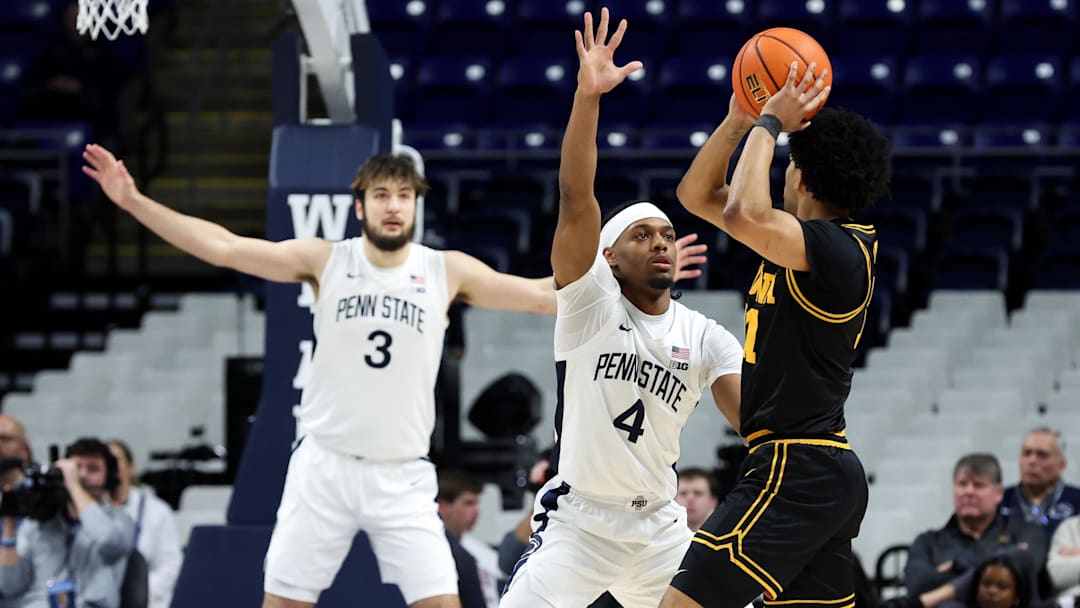 Feb 28, 2026; University Park, Pennsylvania, USA; Penn State Nittany Lions guard Kayden Mingo (4) defends as Iowa Hawkeyes guard Kael Combs (11) looks to pass the ball during the first half at Bryce Jordan Center. Mandatory Credit: Matthew O'Haren-Imagn Images Feb 28, 2026; University Park, Pennsylvania, USA; Penn State Nittany Lions guard Kayden Mingo (4) defends as Iowa Hawkeyes guard Kael Combs (11) looks to pass the ball during the first half at Bryce Jordan Center. Mandatory Credit: Matthew O'Haren-Imagn Images