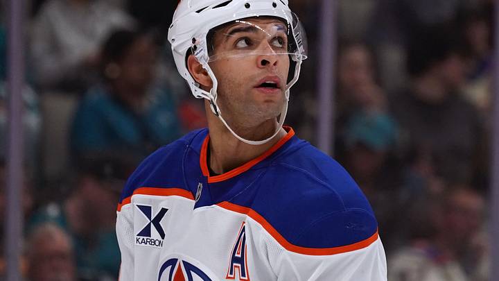 Apr 8, 2026; San Jose, California, USA;  Edmonton Oilers defenseman Darnell Nurse (25) looks up at the scoreboard during a break in the action against the San Jose Sharks during the second period at SAP Center at San Jose. Mandatory Credit: David Gonzales-Imagn Images