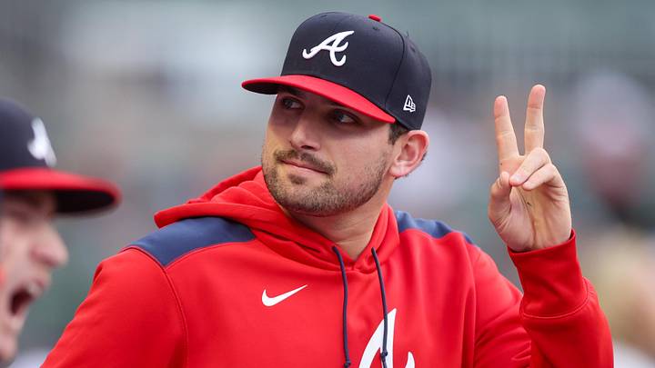 Sep 5, 2025; Atlanta, Georgia, USA; Atlanta Braves third baseman Austin Riley (27) in the dugout before a game against the Seattle Mariners at Truist Park. Mandatory Credit: Brett Davis-Imagn Images
