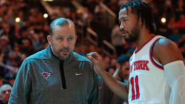 Nov 20, 2022; Phoenix, Arizona, USA; New York Knicks head coach Tom Thibodeau with guard Jalen Brunson (11) against the Phoenix Suns at Footprint Center. Mandatory Credit: Mark J. Rebilas-Imagn Images